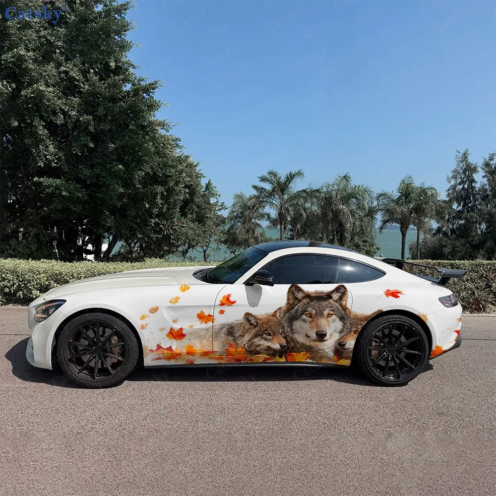 2pcs Wolf Pack with Falling Maple Leaves Car Side Wraps, Self-Adhesive PVC Waterproof & Scratch-Resistant Sticker, Car Accessory