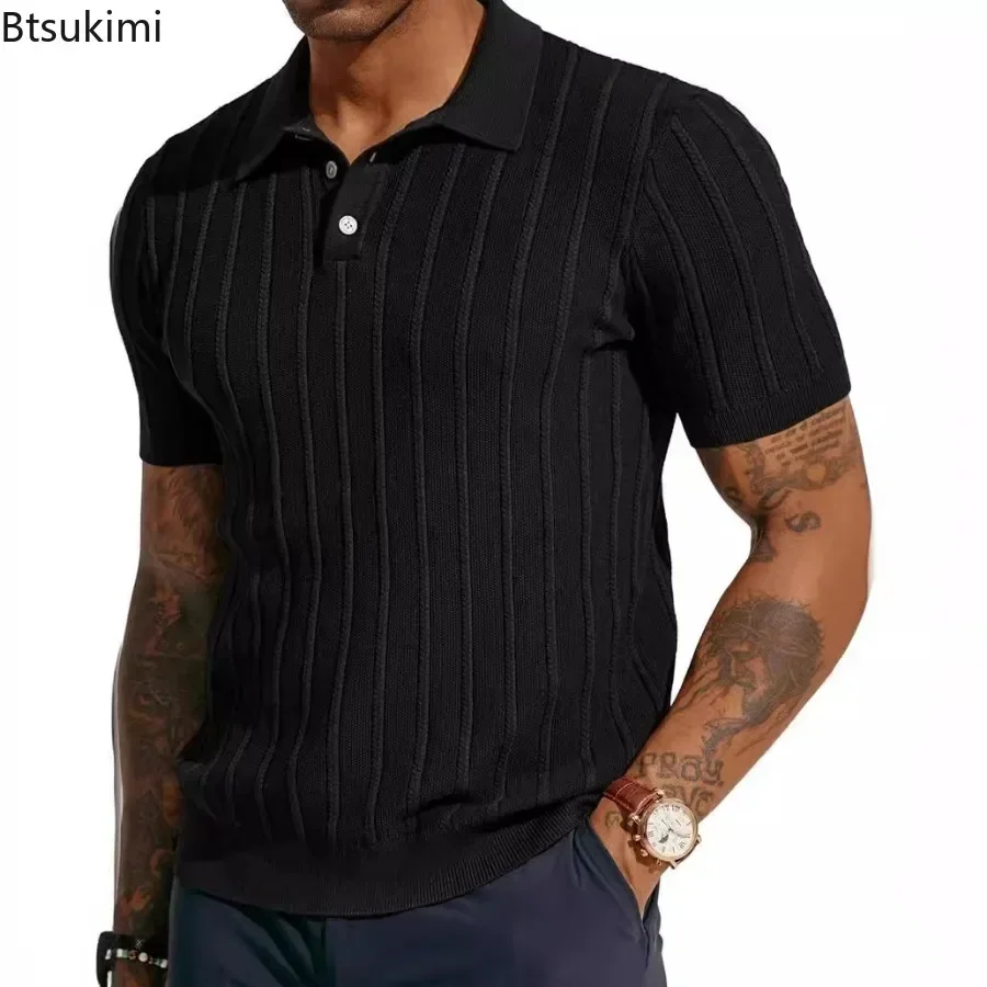 Fashion Vintage Striped Knit Shirts Men\'s Solid Short Sleeve Comfy Breathable Tops Summer Cool Casual Polo Shirts Golf Wear Male