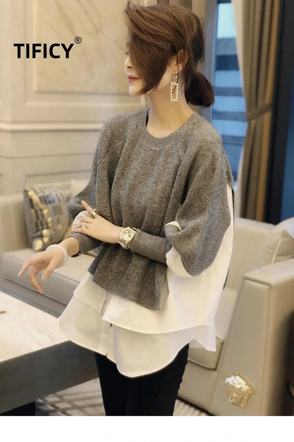 TIFICY Spring and Autumn New Women's Knitwear Fashion Sweater Fake Two Piece Panel Pullover Women's Sweater Top