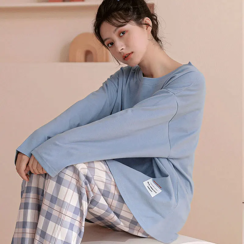 New Autumn Women Pajamas Set Fashion Korean Casual Plaid Sleepwear Student Pijama Suit Ladies Long-Sleeved Trousers Home Clothes