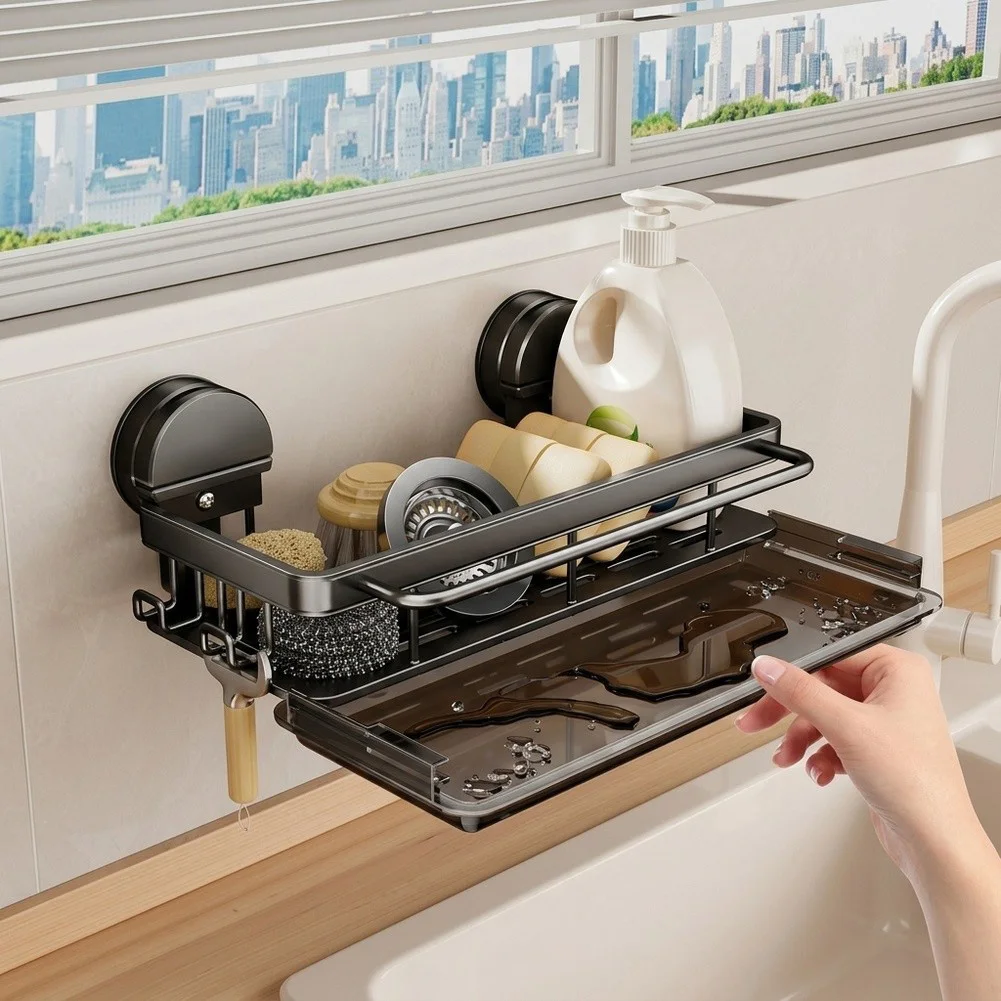 Home Kitchen Space Saver Wall Mount Aluminum Sponge Holder No Drill Drip Tray Sink Accessory Organizer Stylish Practical Supply