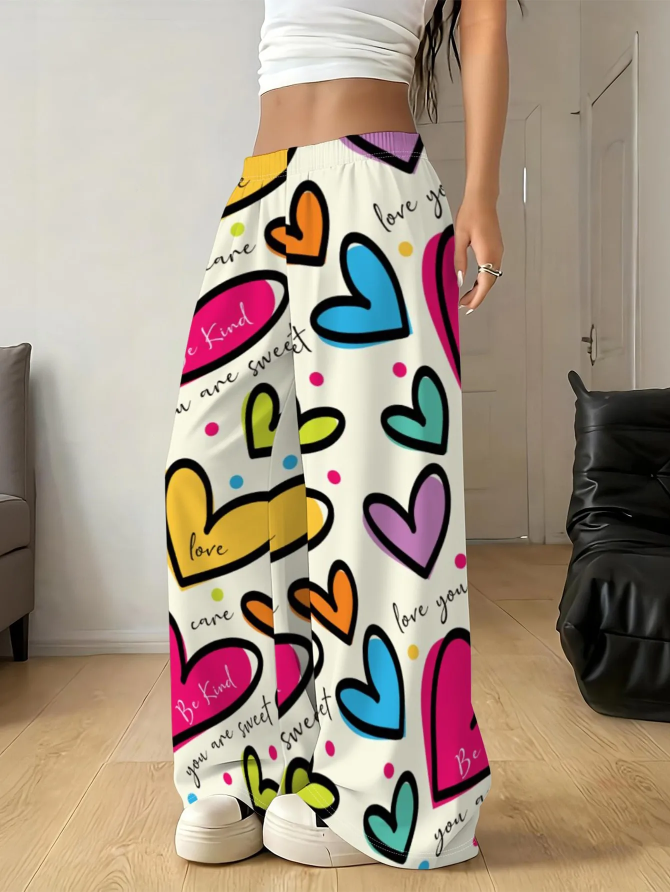 American Graffiti 3D-Druck Weite Hosen für Damen, Kordelzug, hohe Taille, modischer Trend, große, lockere Hosen – Detail 6
