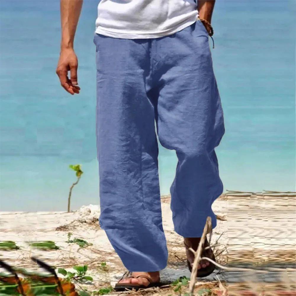Herren-Hose aus Baumwolle und Leinen, gerades Bein, atmungsaktiv, leicht, Urlaub, Strandstil, gemütliche Hose, lässig, Frühling, Herbst, Alltagskleidung – Detail 6