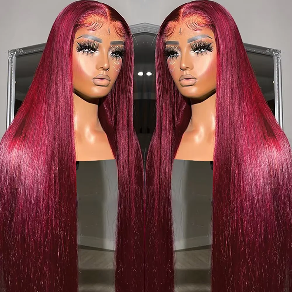 99J Burgundy Red 13x6 Lace Front Human Hair Wigs Glueless Colored Straight 13x4 HD Lace Frontal Closure Wig 30 36 Inch Red Wig