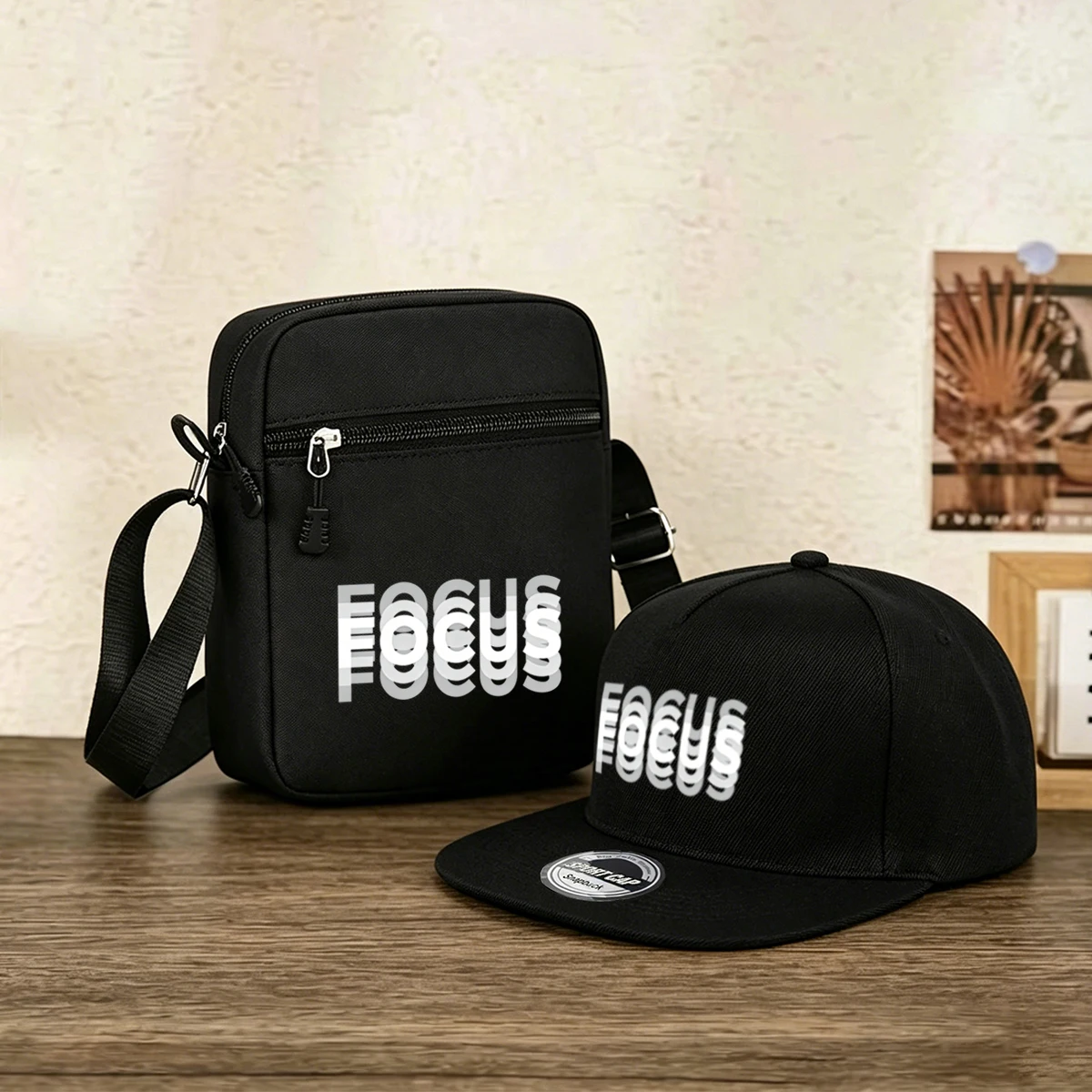 2pcs Focus Print Baseball Cap&Crossbody Bag Set-Snapback Hat-Baseball Cap-Streetwear Style,Casual Wear-Urban Fashion Accessory