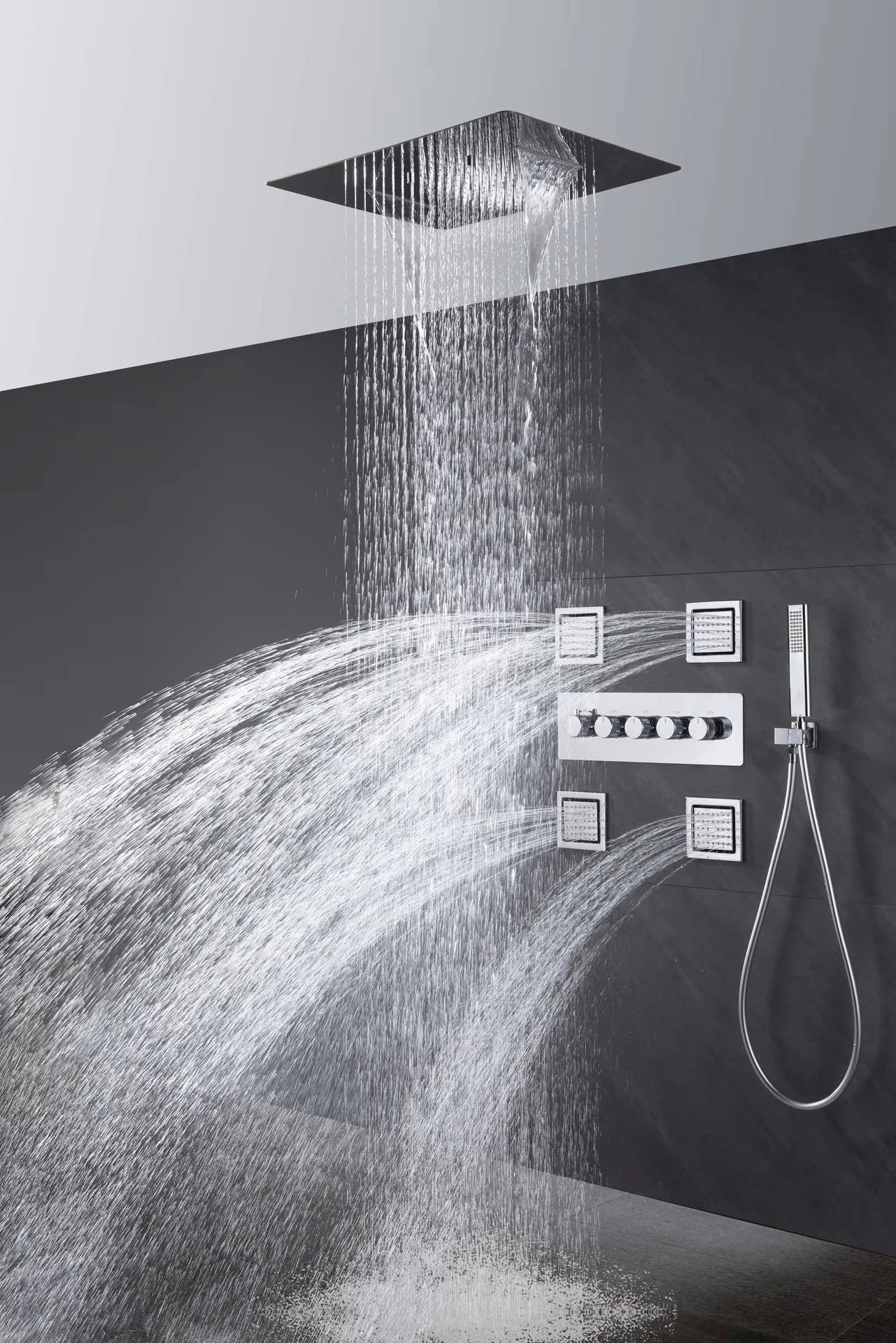 Wholesale High Quality Luxury Multi-Function Rainfall Waterfall Thermostatic Brass Shower Set with Body Jets