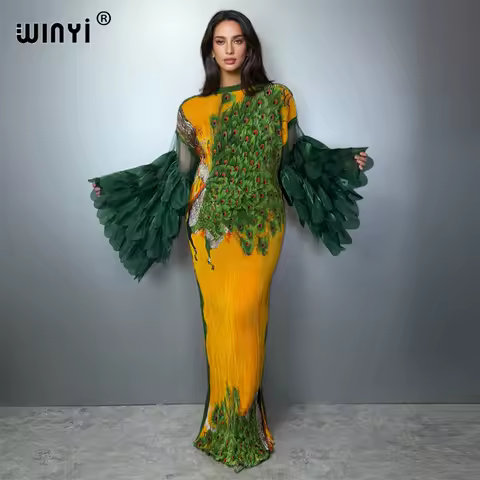 WINYI Elastic slim pleated dress beach wear holiday Caftan abaya dubai luxury party dress long down muslim woman evening dress
