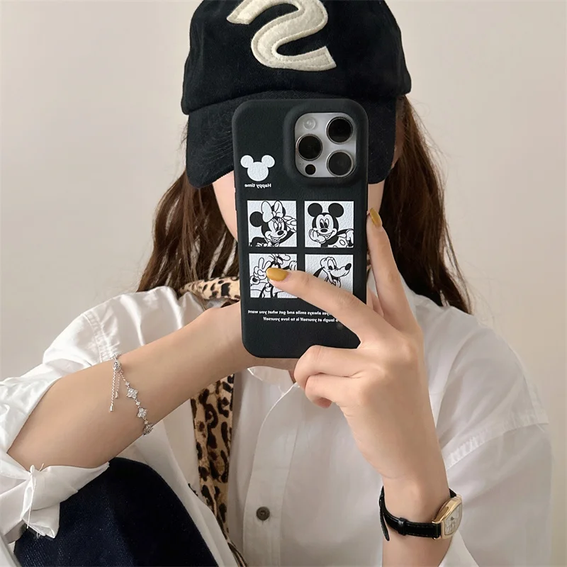 ديزني لطيف أربعة قصر شبكة ميكي ميني جوفي جراب هاتف آيفون 13 14 15 برو ماكس ميكي ماوس جلد ناعم غطاء مضاد للسقوط