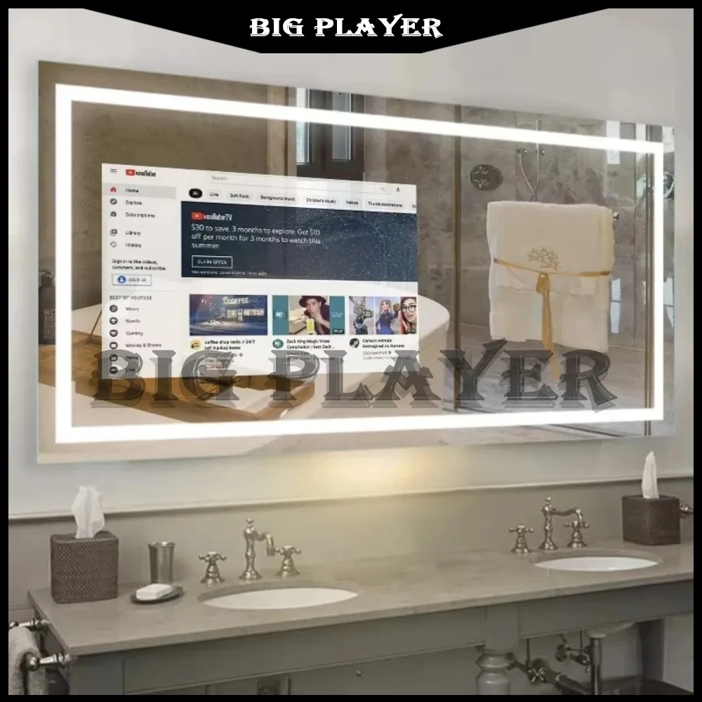 

Customized Smart Magic Mirror Full Function Glass Smart Android Tv Mirror Smart Led Bathroom Mirror with Touch Screen Hotel