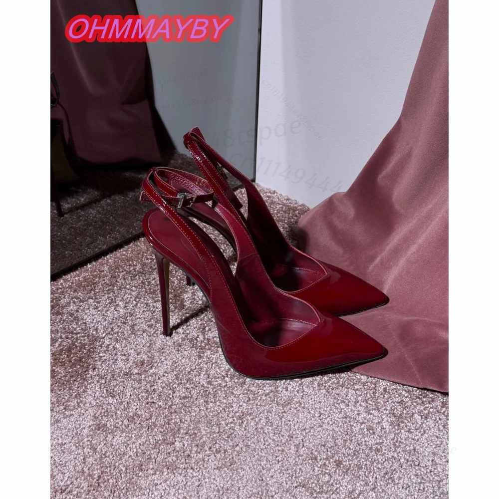 Women Red Slingback Pumps Pointed Toe Stiletto High Heels Glossy Finish Ankle Strap Buckle Cutout Evening Wedding Party Shoes 46