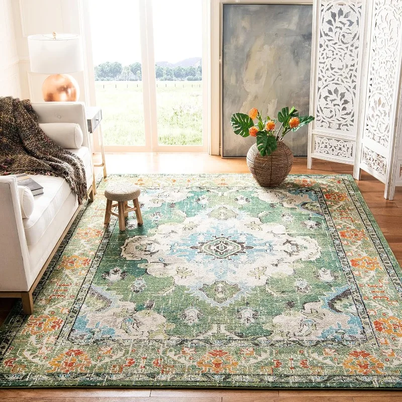 Monaco Collection Area Rug - 8' x 10', Forest Green & Light Blue, Boho Medallion Distressed Design, Non-Shedding