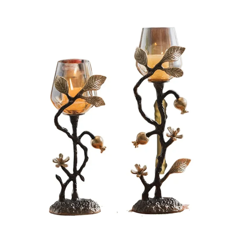 American retro aluminum hand-painted pomegranate glass candle holder, art deco candle holder