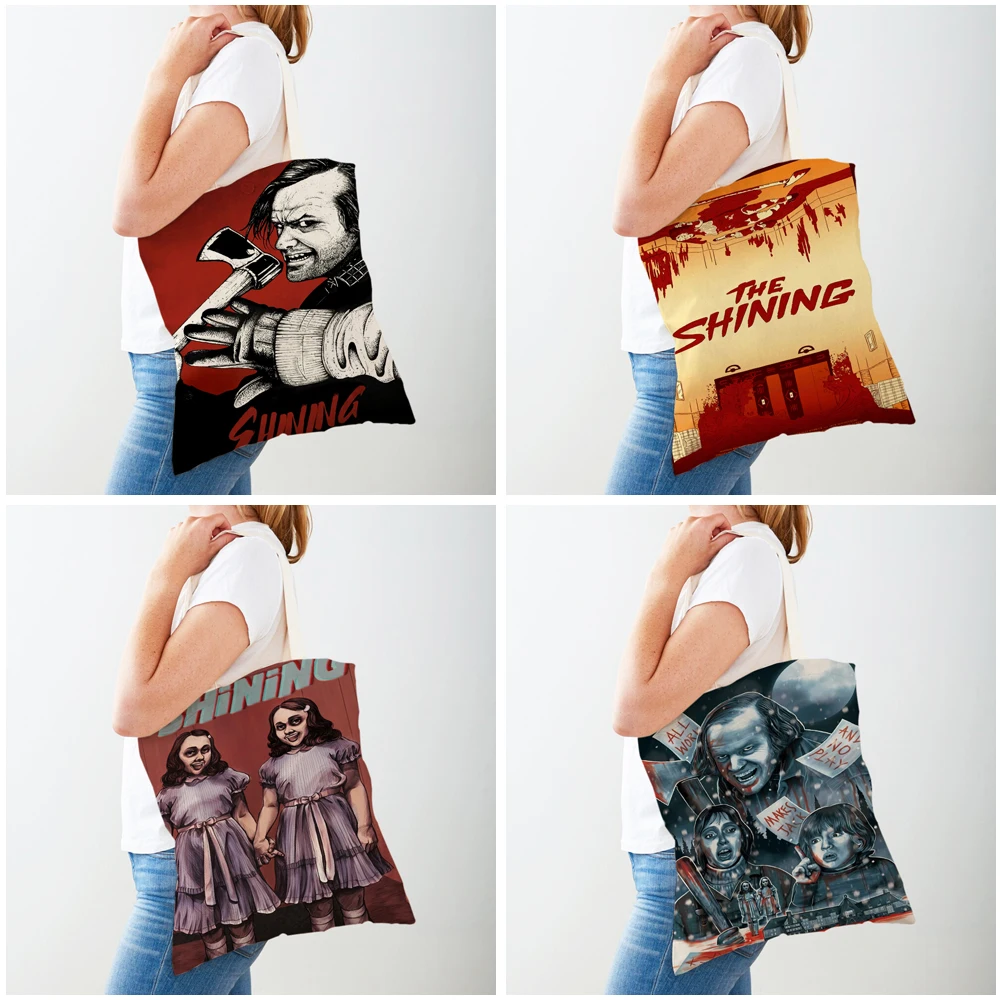 Canvas Women Shopper Bag Horror Film The Shining Lady Shopping Bags Classic Movies Double Print Foldable Cartoon Travel Handbag