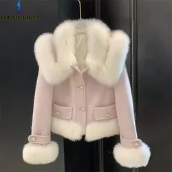 Korean Coat for Women, Large Fur Collar, Woolen Jacket, Single Breasted, Wool Blends, Female Clothes,New, Autumn,Winter