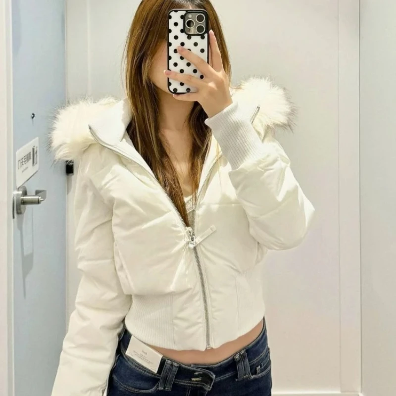 

2026 Casual Retro Down Jacket Aesthetic Vintage Short Zipper Padded Coat Women Winter Design Long Sleeve Fur Collar Outerwear