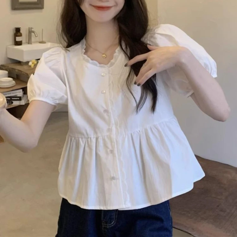 Shirts Women Sweet Casual Defined Waist Chic Daily Preppy Style Korean Fashion Classic Prevalent Solid Puff Sleeve Tops Summer