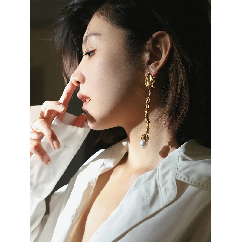 French Vintage Wheat Leaf Drop Earrings Gold Plated Teardrop Faux Pearl Long Dangle Women Ear Jewelry