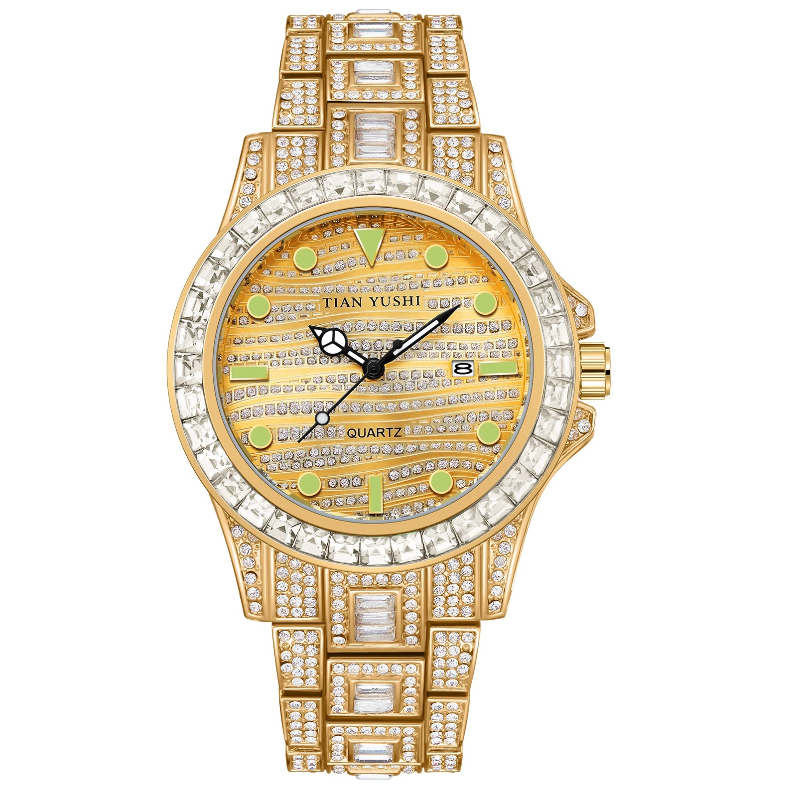 Mannen Iced Out Bling Gouden Horloge Roestvrij Staal Volledige Diamond Analoge Quartz Wrsitwatch Rainbow Bezel Auto Datum Waterdicht Horloges