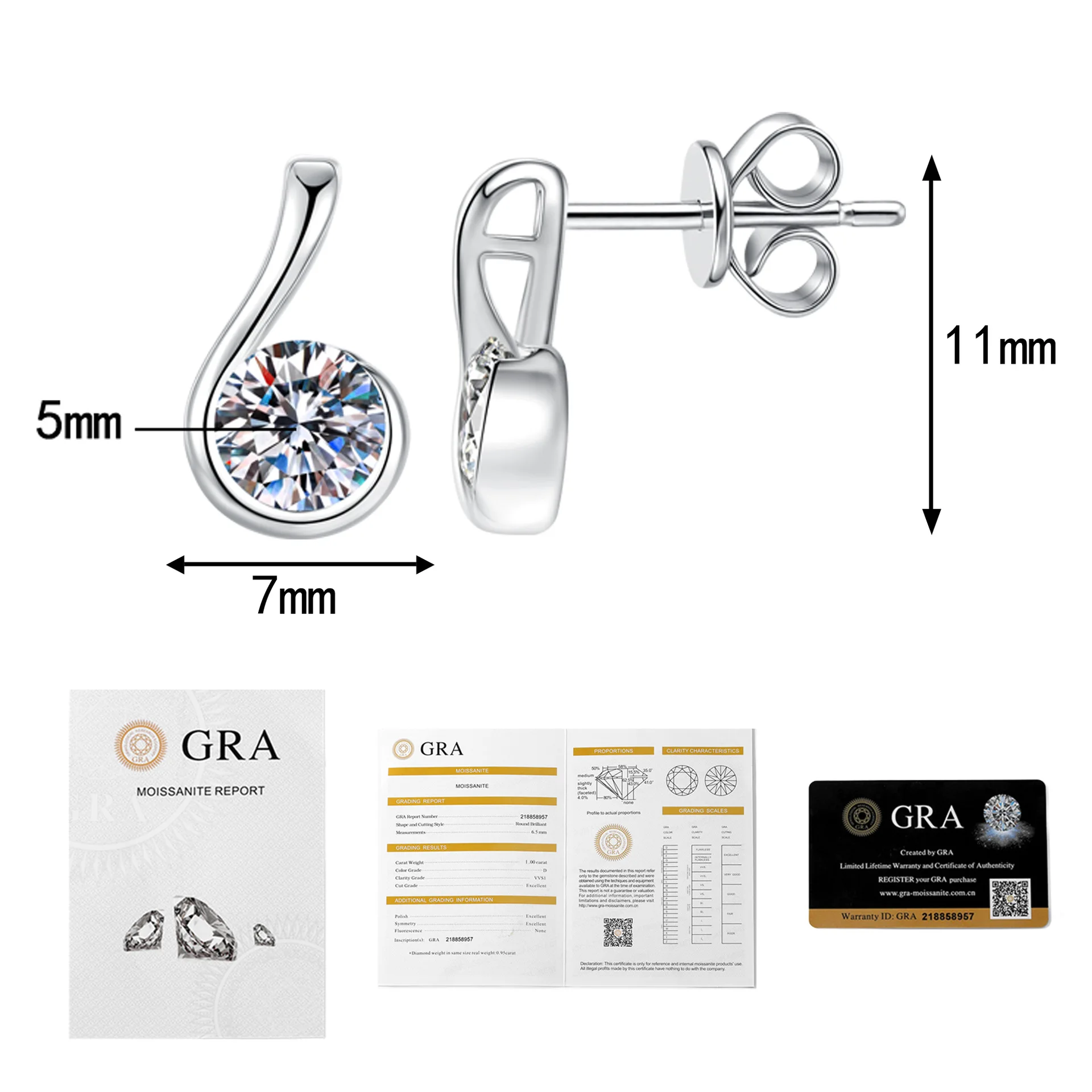 LioraGem Elegant Musical Note Moissanite Stud Earrings for Women, 0.5 Carat Moissanite Number 6 Shape Stud Platinum PT950 Stamp