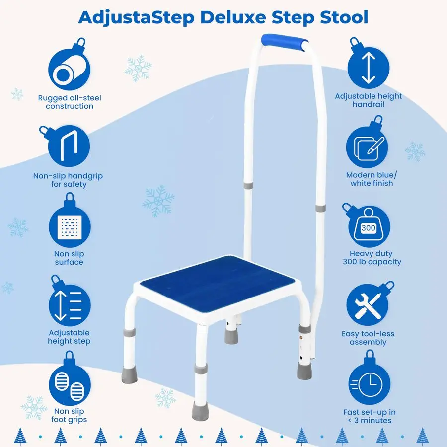 مسند قدم فاخر من AdjustaSteptm مع درابزين بمقبض، ارتفاع قابل للتعديل. 2 منتج في 1. التصميم الحديث الأبيض والأزرق. با #2