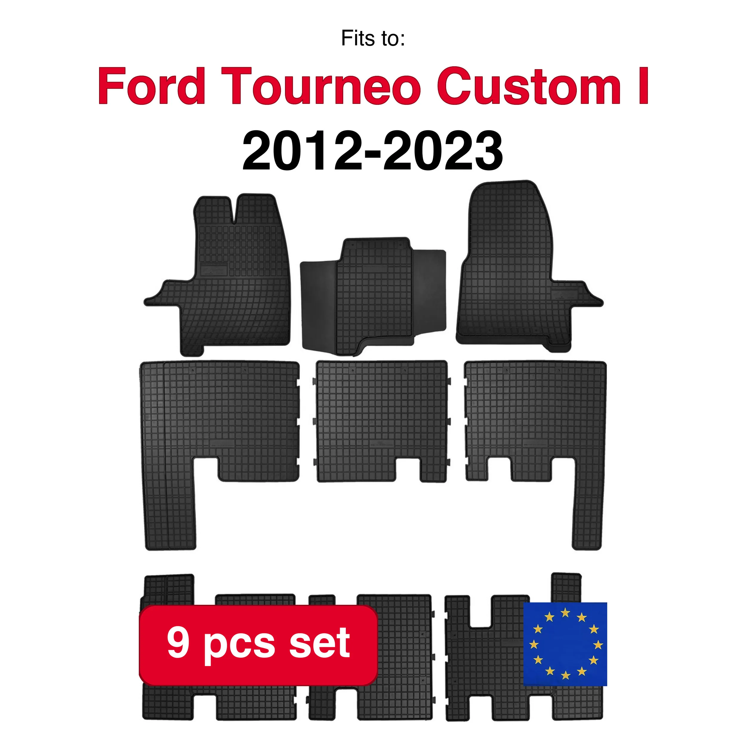 Image of Gummi-Autoteppiche für Ford Transit Custom Van, 3 Reihen (2012–2021), Schwarz, Passform (9 Stück)