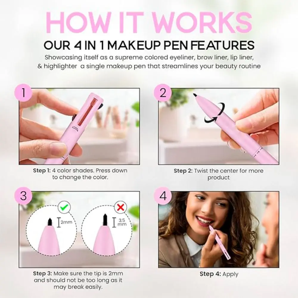 

New with Brush Head 4-in-1 Makeup Pen Long Lasting Wa Lip Liner Eyebrow Pencil Women Girls