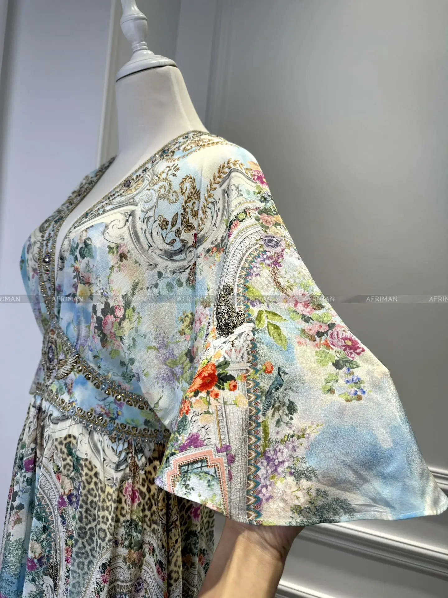 Robe évasée à manches courtes pour femmes, col en V, perles de cristal, imprimé floral et léopard rétro, taille élastique, 100%