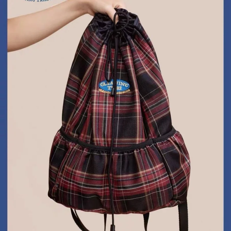 

American Vintage Plaid Pocket Backpack England Style Drawstring Preppy Style School Bag Fashion Travel Bag Climb Bag