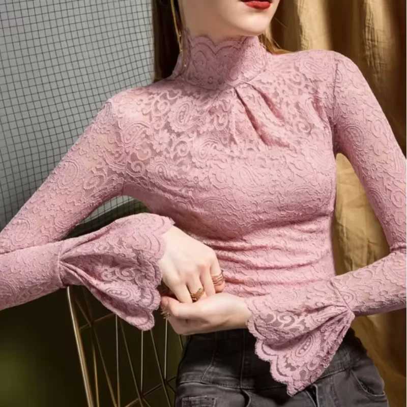 French Lace Sexy Bell Sleeve Shirt&Blouses Women Autumn Lace Stretch Turtleneck Bell Sleeve Blusas Mujer De Moda Tops Winter New
