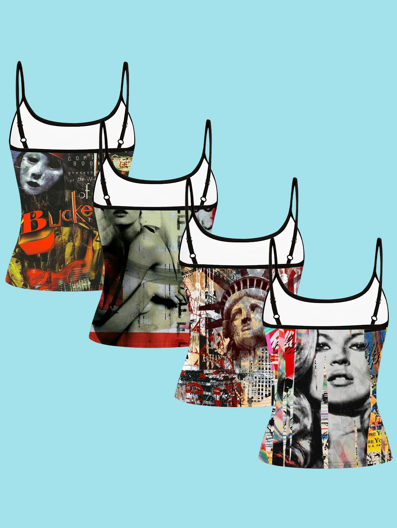 4-Piece Set of American Retro Collage Art Camisoles with Unique Color-Blocking Portrait Prints and Thin Straps for Women