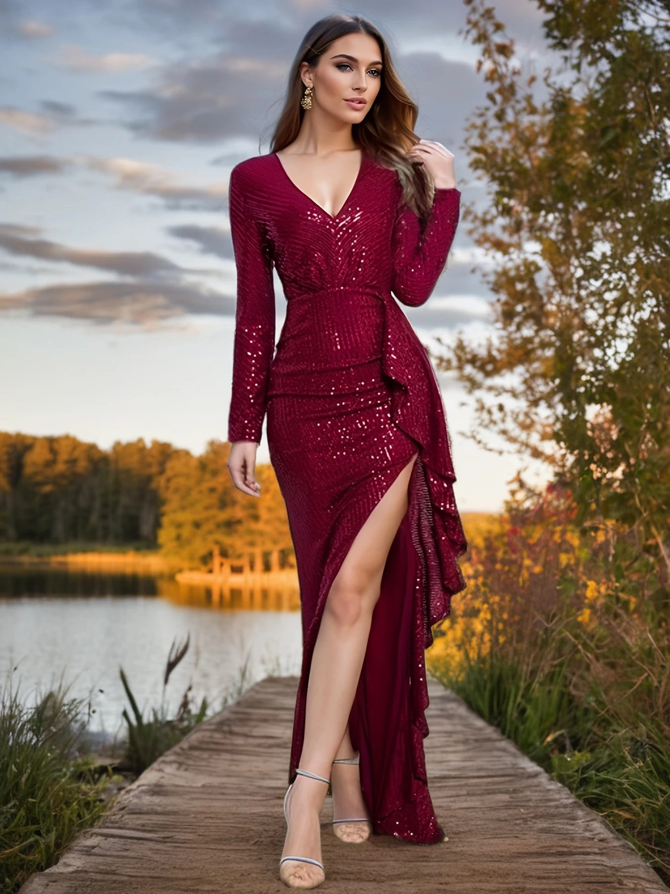 Sexy V Neck Long Sleeves Slit Prom Gown Dresses Women Side Ruffles Open Back Burgundy Evening Party Dress Formal Dinner