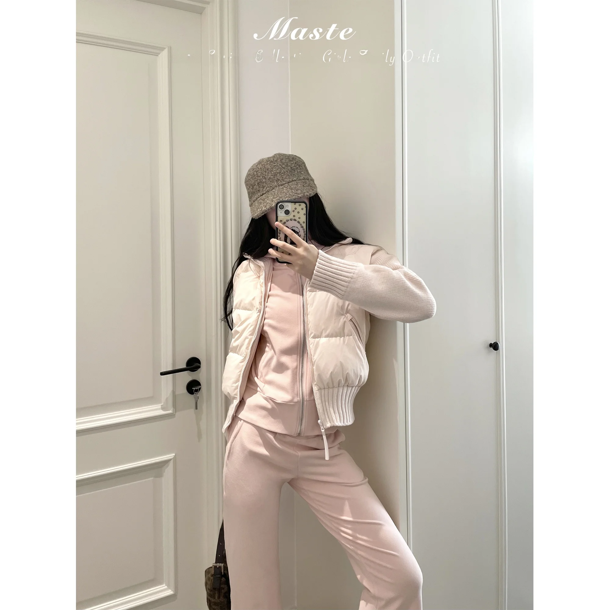 

Lightweight Pink Knitted Patchwork down Jaet Commute Sle 90% White Du down ort Coat Pure Color Zipper Closure