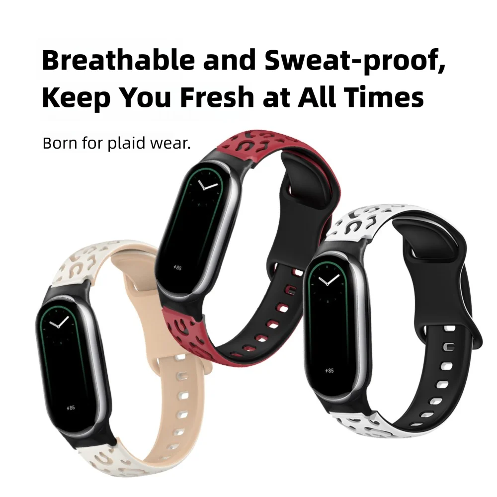 حزام بديل بطبعة الفهد لساعة Xiaomi Mi Band 8 8NFC من السيليكون المسامي سريع الإصدار وقابل للتعديل