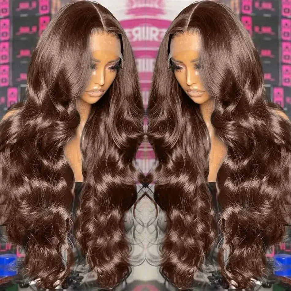 13x6 Chocolate Brown Body Wave Wigs 250% HD Density Transparent Lace Front Human Hair Wigs 30 Inch Colored Frontal Wig For Women