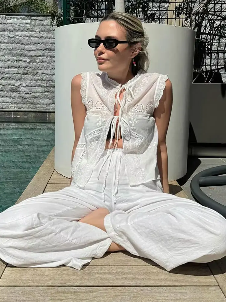 HH Women Summer New Fashion Chic Bow Decorated Commuting Shirt Crew Neck Lace Up Female Sleeveless Top Street Shirts