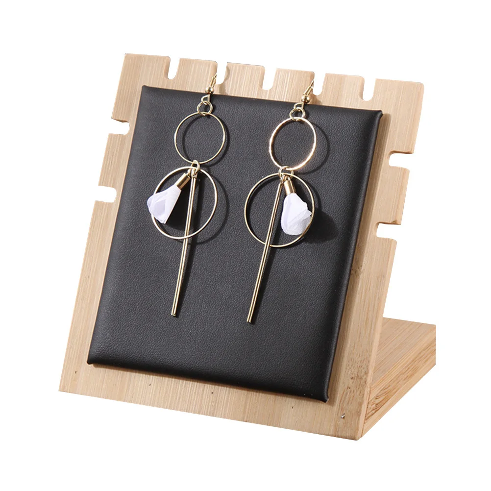 Bamboo Wood Jewelry Organizer Necklace Showing Stand Earrings Holder Display Rack Pendant Frame (Small Size, Black)