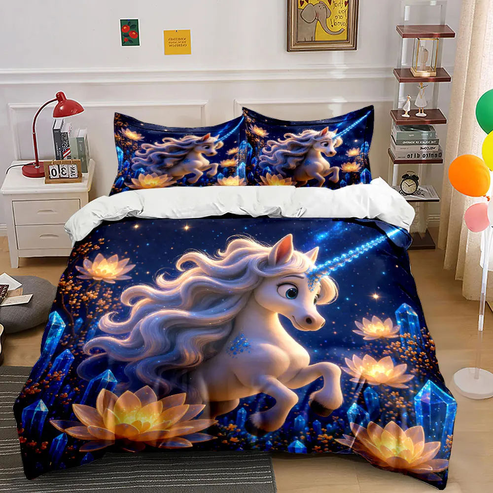 

Enchanted unicorn with glowing lotuses Bedding Set for Kids Luxury Gift 3pcs Digital Print Comforter Set Soft Comfortable