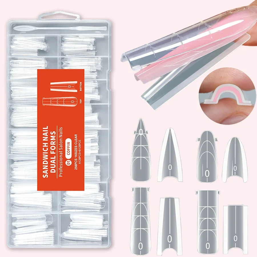 256Pcs Reusable Gel Nail Extension Forms Coffin & Almond Dual Shapes 16 Sizes Sandwich Top & Bottom Molds for Nail Art