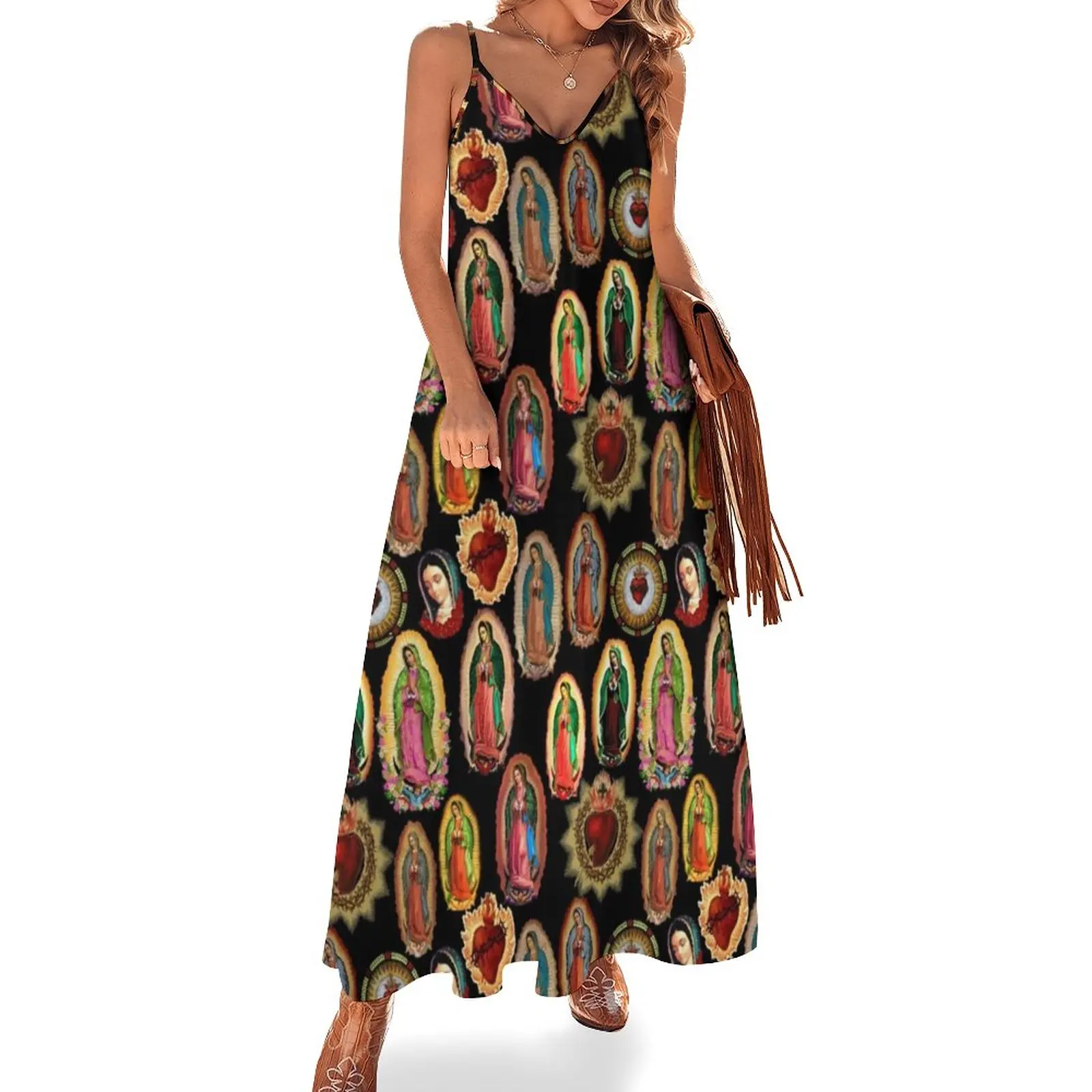 

Our Lady of Guadalupe Dress Virgin Mary Aesthetic V Neck Casual Long Dresses Female Print Elegant Maxi Dress Large Size 3XL 4XL