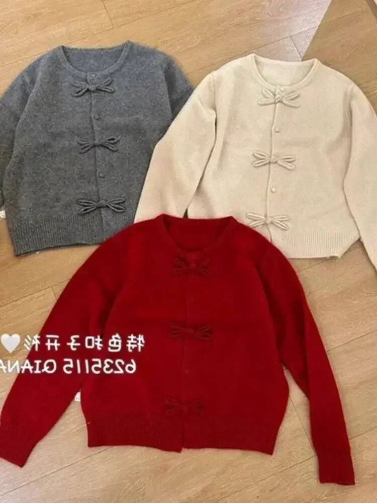 Lazy Cardigan High-Grade Temperament round Neck Knit cardigan New Chinese Sle Buckle Design Sense Red Sweater Outerwear Fashion