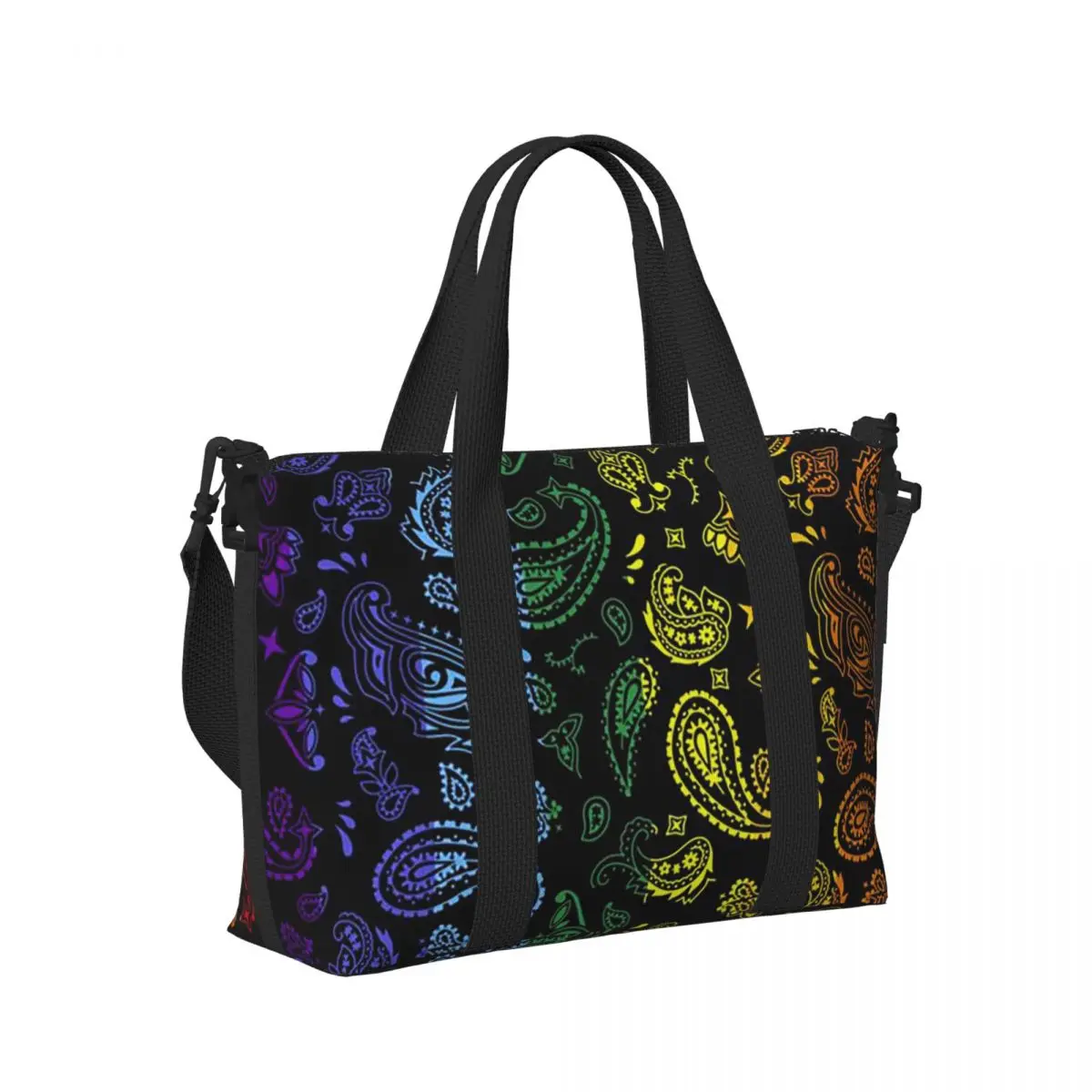 

Colorful Paisley Black Pattern Beach Travel Bag Large Capacity Tote Bags for Gym Sport Women Shopping Duffle Shoulder Bag