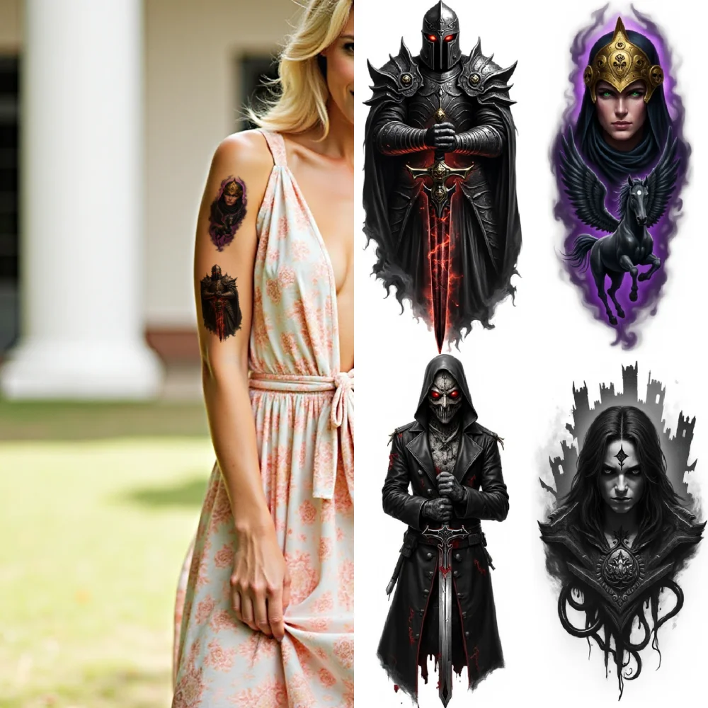 

9pcs Temporary Tattoo Waterproof Long-lasting Body Stickers Flaming Skull Dark Knight Gothic Portrait For Male Shoulders