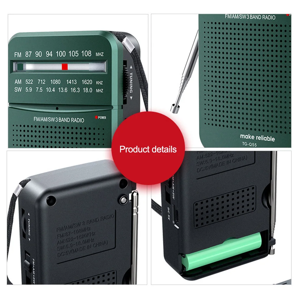 Rechargeable Tri-Band Pocket Radio Analog Type, DC5V AM/FM/SW, With 403W Speaker TypeC Interface 500mAh Batteryo
