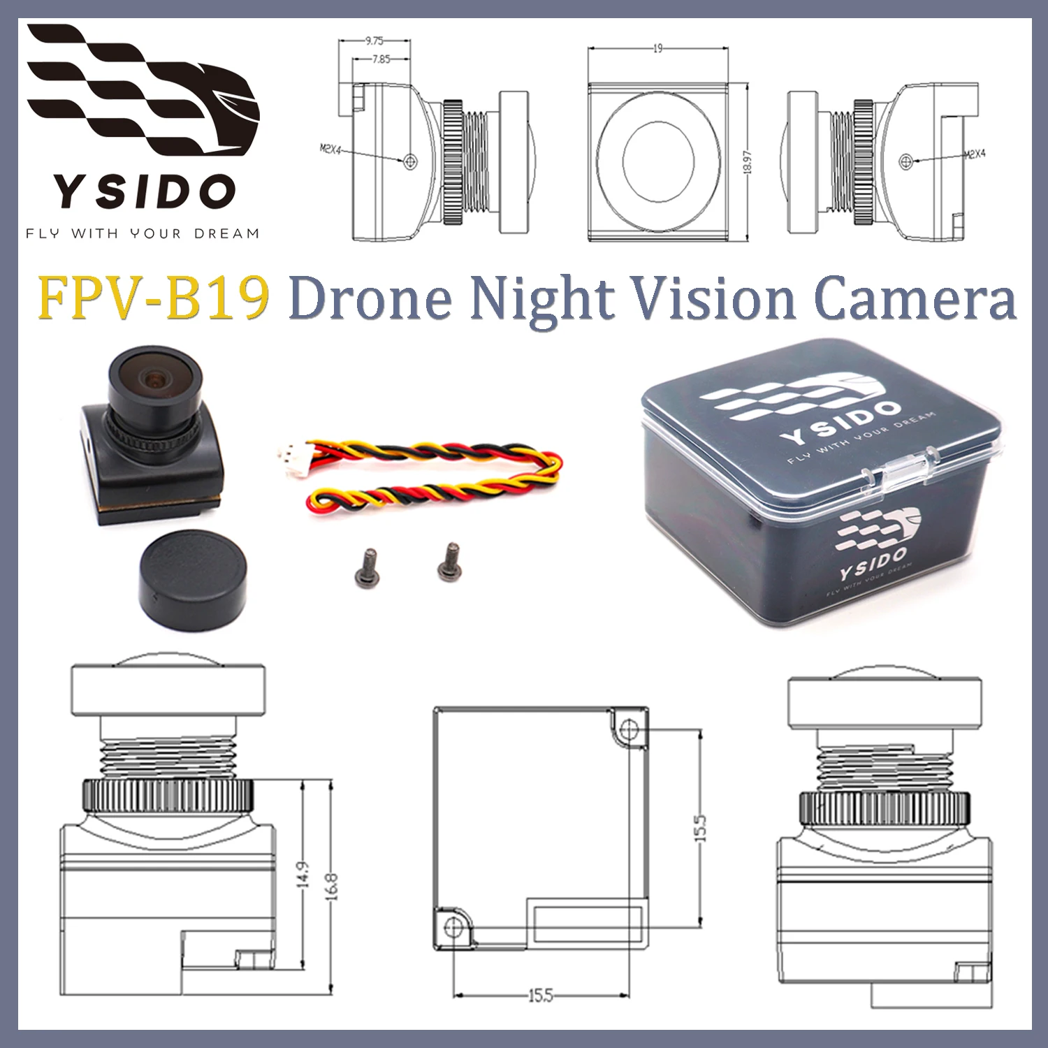 YSIDO FPV B19 Drone Night Vision Camera 1500TVL 0.0001Lux 2.0mm Lens Power 5V-35V for RC FPV Freestyle Racing Drone Upgrade Part