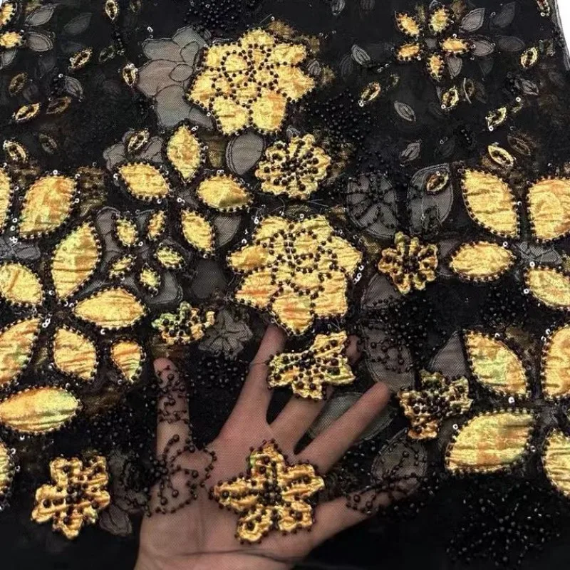 

Luxury French Applique Embroidery Lace Fabric African Handmade Beaded Sequins Tulle Mesh High-End for Sewing Wedding Party Dress