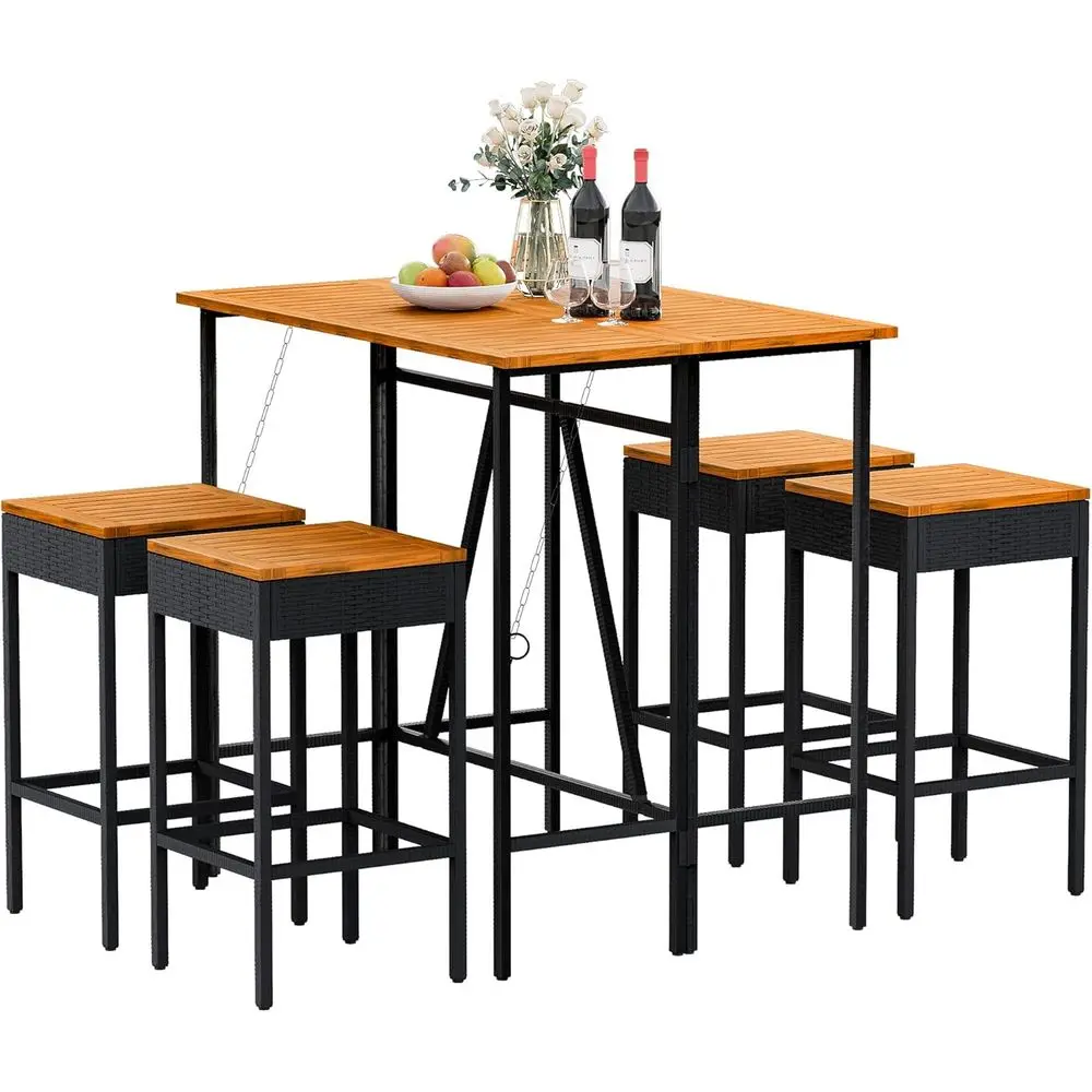 

5-Piece Acacia Wood High Top Patio Bar Set with Folding Stools for Outdoor Use