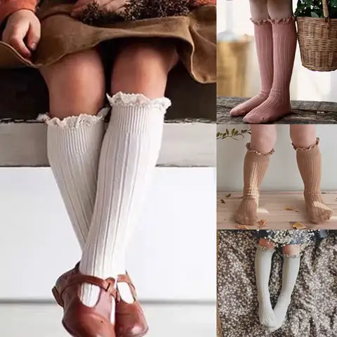 러플 키즈 무릎 높이 양말, 여아 유아용 긴 부드러운 면 양말, 레이스 플라워 어린이 교복 양말, 0-8 세