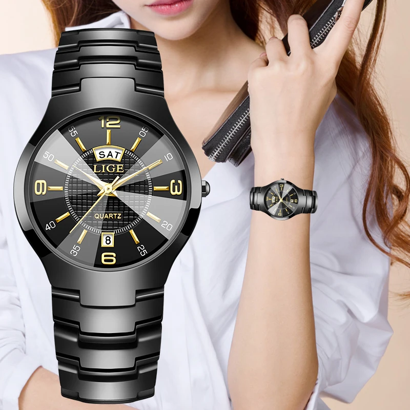 LIGE Fashion Elegant Women's Wristwatch Luxury Ceramics Strap Auto Date Week Waterproof Small Dial Quartz Watches for Woman Gift