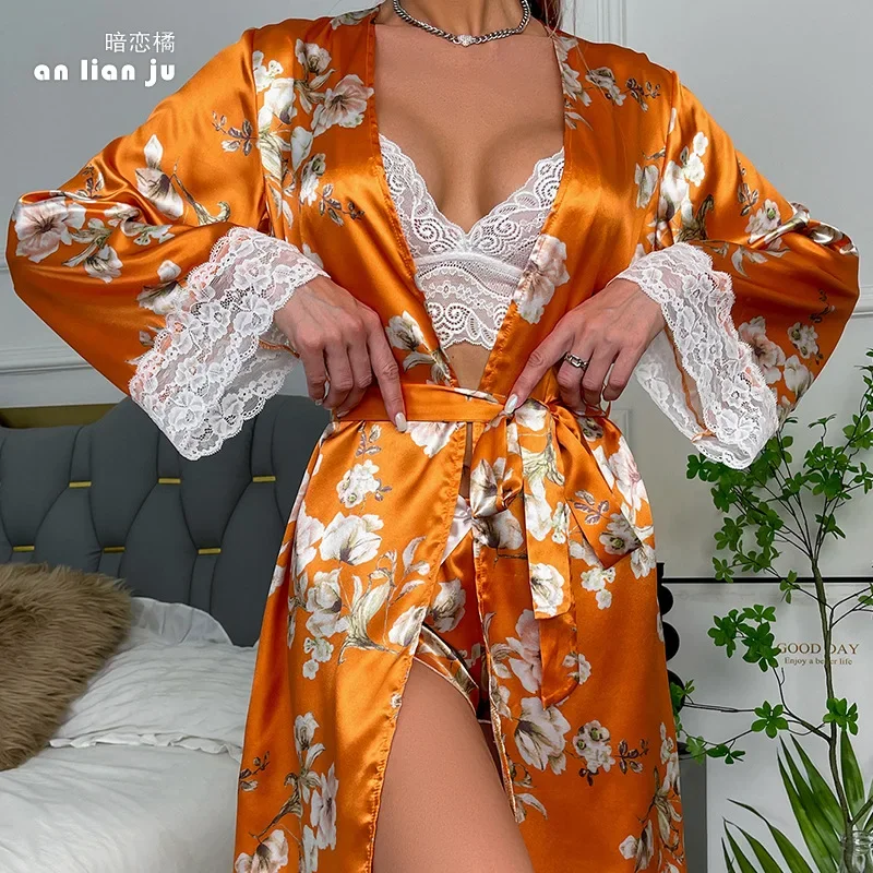 Print Robe Sleepwear Women Kimono Nightgown Lingerie V-Neck Bridesmaid Dressing Gown Nightdress Bathrobe Summer Nightwear