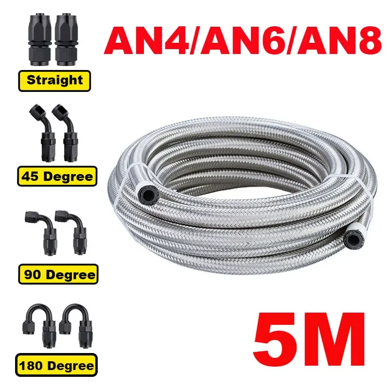 

16FT 5M AN4 AN6 AN8 Stainless Steel Braided CPE Rubber Car Fuel Hose Line 0/45/90/180 Degree Hose End Fitting Adapters Hose Kit